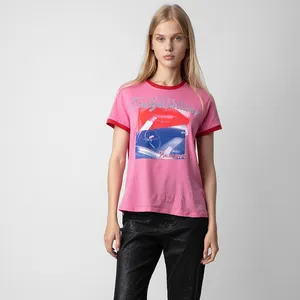 24ss Zadig Voltaire Diseñador Streetwear Sudadera Labios rojos Impreso Mujeres Niñas Rosa Camisetas al aire libre