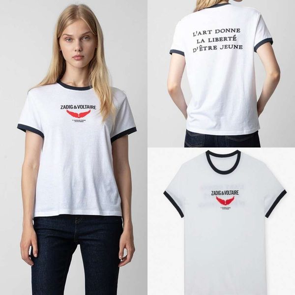 24ss Zadig Voltaire Hot Fashion Tide Tops Femmes T-shirt zv Nouveau Niche Designer Coton Tee Avant Rouge Petite Aile Lettre Imprimer Simple Casual Polyvalent T-shirt À Manches Courtes