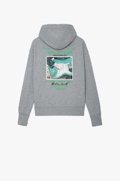 24SS Zadig Voltaire Nouveau Designer Coton Sweat À Capuche Guitare Encre Blanche Impression Numérique Chaud Diamant Polaire Femmes Polyvalent Lâche Pull À Capuche Pull Tops zv