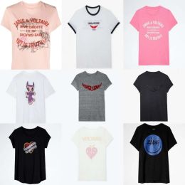 24ss Zadig Voltaire Nieuw Designer T-shirt zv Classic Hot Letter Print Bloemenborduurwerk Roze Katoen Dames Casual Veelzijdige Korte Mouwen Losse Trui Tees Tide Tops