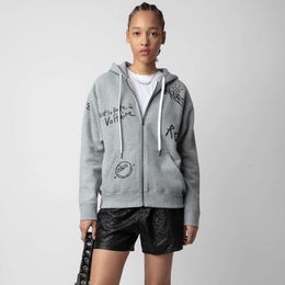 24ss Zadig Voltaire chaqueta con cremallera de felpa Zv Graffiti letras impresas abrigos con capucha mujer diseñador sudadera con capucha