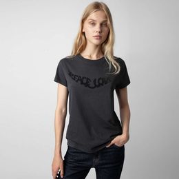 24SS Zadig Voltaire T-shirts en coton lavé Zv Imprimer Ailes Hot Diamond Stir Fry Couleur Tops Slim Fit Femmes Designer T-shirt à manches courtes