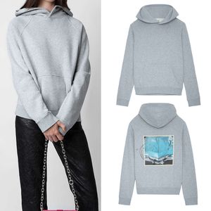 24SS Zadig Voltaire Femmes Designer Sweats à capuche en coton Sweat-shirt Mode Nouveau Zadig Tops Retour Voiture Encre blanche Impression numérique Hot Diamond Fleece Pull à capuche Sportshir