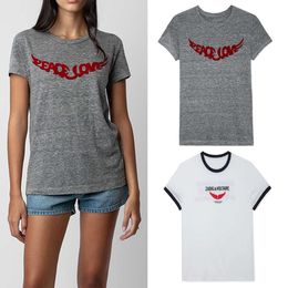 24SS Zadig Voltaire Femmes Designer T-shirt Coton d'été Nouveau flocage d'aile avant imprimé gris fil floral femmes col rond t-shirts à manches courtes