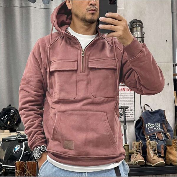 24ssnew Sudadera con capucha de color sólido para hombre para otoño e invierno, chaqueta de cuero con parche multibolsillo para deportes juveniles