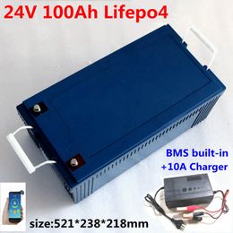 Batterie au lithium LiFepo4 24V, 100ah, BMS 8S, pour moteur de pêche à la traîne, système solaire, camping-car, camping-car, avec chargeur 10a