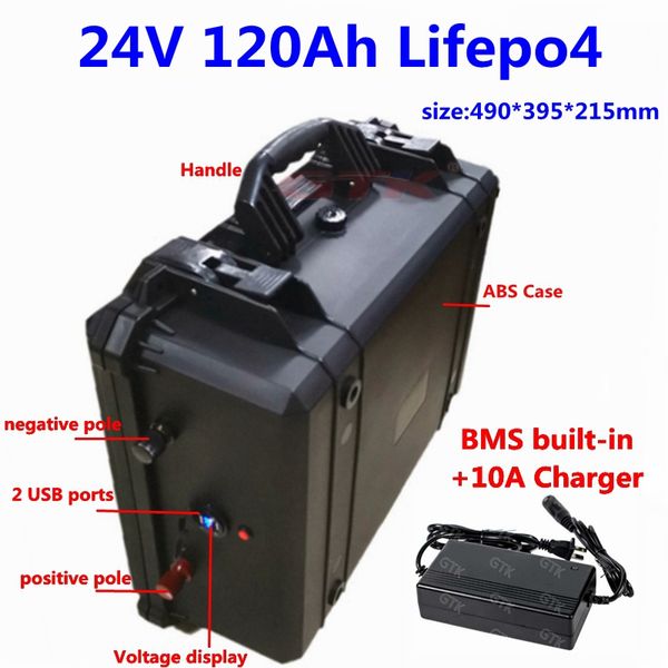 Batterie au lithium 24V 120Ah 100Ah LiFepo4 avec BMS pour système solaire AGV voiture camion bateau marin caravane chariot de golf + charge 10A