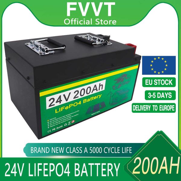 24V 200AH LIFEPO4 Batería incorporada BMS Lithium Iron Fosfate Células para RV Campers Cart de golf Almacenamiento de energía solar con cargador