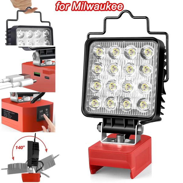Lampe de travail LED 24 W/48 W pour projecteur sans fil étanche Milwaukee M18 avec port de charge USB Type-C pour atelier camping 240329