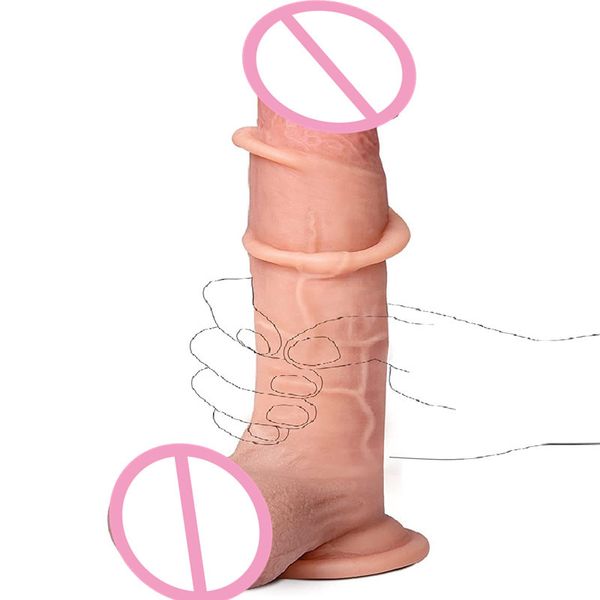 Godemiché réaliste à peau coulissante 24x5cm, avec ventouse, pénis doux pour massage Vaginal féminin, jouets sexy pour femmes, grosses bites