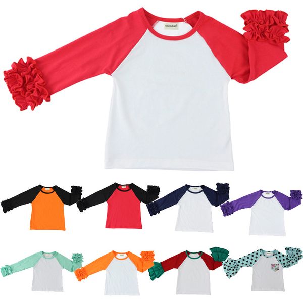 Camisetas para niños en 25 colores, camisetas con volantes para niños y niñas, Top raglán con volantes, manga larga, cuello redondo de algodón puro, primavera y otoño 1-7T M2075