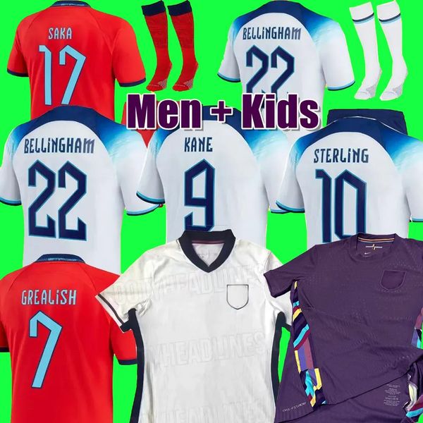 25 Euro Copa Inglaterra Jersey Bellingham Home Away 23 24 Jerseys de fútbol Rice Saka Foden Rashford Sterling Stones Grealish Kane Men Kids fanáticos Jugador de fútbol Camisa de fútbol