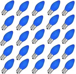 25 Pack C7 Kerstvervanging LED LED -lampen Transparant blauw lichte Xmas Lights voor buitentierslichten C7/E12 Candelabra Base 5 Watt