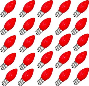 Lot de 25 ampoules LED de rechange C7 de Noël lumière rouge transparente lumières de Noël pour patio extérieur guirlandes lumineuses C7/E12 base de candélabre 5 W