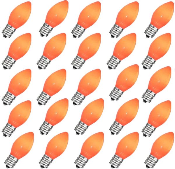 Lot de 25 ampoules LED de rechange C7 de Noël Lumière orange transparente Lumières de Noël pour patio extérieur Guirlande lumineuse C7/E12 Candélabre Base 5 W