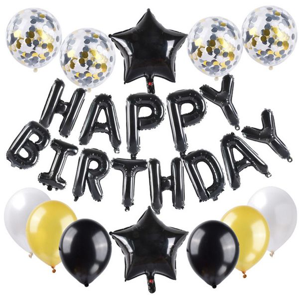 25 piezas de globos en total Letras de feliz cumpleaños Corazón Estrella Confeti y papel de aluminio Fiesta de látex Conjunto de globos Suministros para fiesta de cumpleaños 700 K2