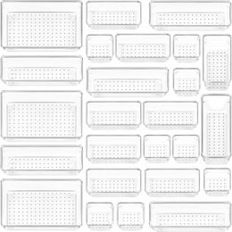 Ensemble d'organisateurs de tiroirs en plastique transparent de 25 pièces, plateaux d'organisation de tiroirs de salle de bains et de vanité polyvalents de 4 tailles, bacs de rangement pour le maquillage, la chambre à coucher, les ustensiles de gadgets de cuisine