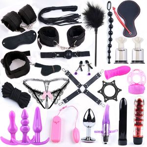 25 Pcs Sex Toys pour Femme Adulte Jeux Main Fouet Bouche Gag Corde Métal Butt Plug BDSM Bondage Set Perle Anal Plug Sex Vibrator Y191207