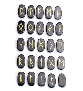 25 stuks natuurlijke zwarte obsidiaan gesneden kristal reiki genezende palmstenen gegraveerde heidense letters wiccan rune stenen ingesteld met een F5905387