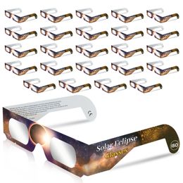 Paquete de 25 gafas de eclipse solar CE e ISO para una visualización segura del sol certificada durante la visualización del eclipse solar por una fábrica aprobada por la NASA