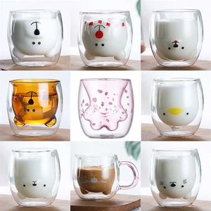 250-300ml Kawaii Cat Paw Glas Mok Dubbellaags Geïsoleerde Glasbeker Explosieveilige Dikke Koffie Melkbeker Volwassen Kindercadeau 2111105