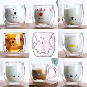 250-300ml Kawaii Chat Patte Tasse En Verre Double Couche Isolé Tasse En Verre Antidéflagrant Épaissir Café Lait Tasse Adulte Enfants Cadeau 211105242O