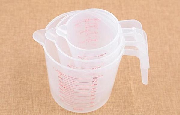 250/500/1000ml Copo medidor de plástico de alta qualidade Mostrar escala transparente Caneca transparente + alça para derramar 3 tamanhos Dispositivo de medição