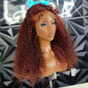 250% cheveux de bébé bouclés sans colle pré-épilés 30 40 pouces cheveux humains 13x4 perruque avant en dentelle couleur brun rougeâtre perruque de cheveux humains