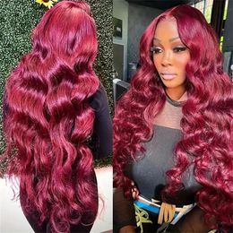 250 densité 99J Bourgogne Borgogne Wave Wigs 13x6 Perruque frontale en dentelle 13X4 CHEAUX humains avant 30 40 pouces Vin Rouge pour les femmes