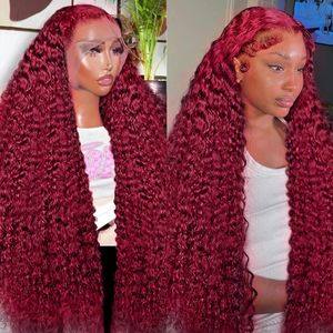 Perruque Lace Frontal Wig Remy naturelle bouclée, cheveux naturels, Deep Wave, bordeaux 99J, 13x6 HD, couleur rouge, 13x4, densité 250, pour femmes