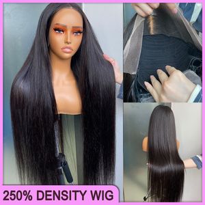 250% Dichtheid Grade 12a Maleisische Peruaanse Indiase Braziliaanse zijdeachtige rechte 13x4 HD Lace frontale pruik 34 inch 100% rauw maagdelijk dik menselijk haar