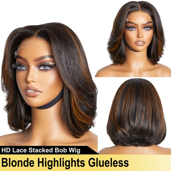 Perruque Bob péruvienne à reflets blonds doux, densité 250, courte, sans colle, pour femmes noires, perruque empilée en dentelle HD, 13x4, pré-épilée