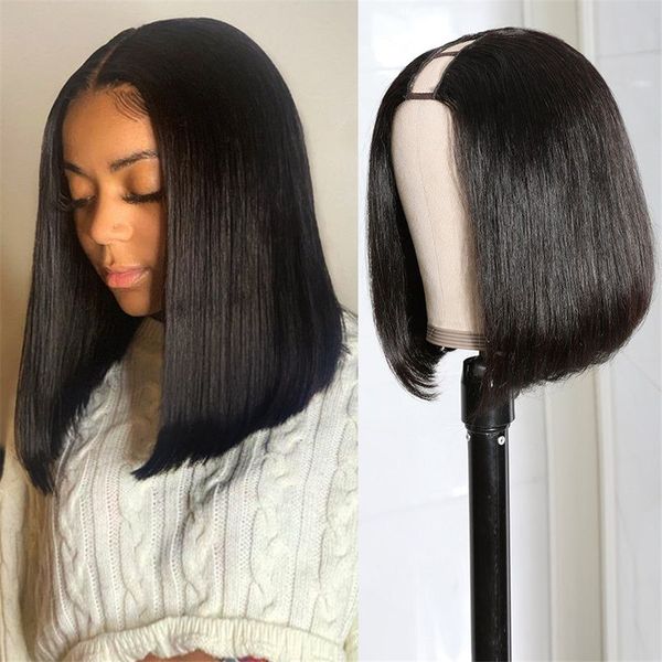 150 densité U partie perruque cheveux humains indien droite courte Bob perruques pour les femmes Remy sans colle V partie faite à la Machine perruque couleur naturelle