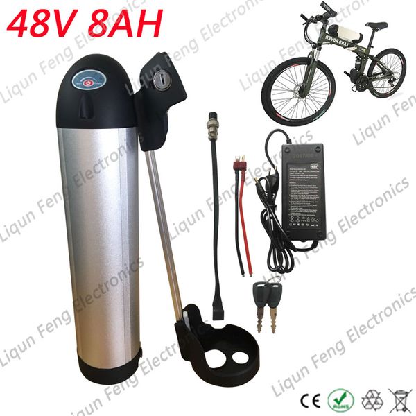 250 a 500W Motor 48V 8AH Botella de agua Hervidor Shell E-bike Batería de bicicleta eléctrica Batería de litio Scooter BMS 42V 2A Cargador.