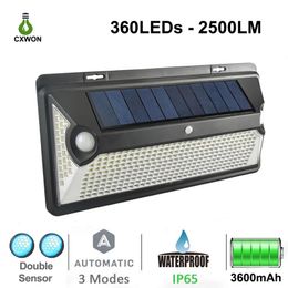 Lampes solaires à 360LED, grand Angle de 360 °, 2500LM, Double capteur, 3 modes de fonctionnement, éclairage extérieur de jardin