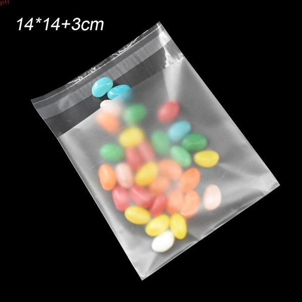 2500 pcs/lot 14*14 + 3 cm gros mat clair auto-adhésif sac en plastique alimentaire bonbons pochette d'emballage translucide paquet sacs haute qualité