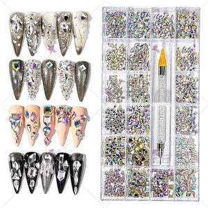 2500 stks Luxe glanzende diamant nagel kunst kunstmatige strassbox gemengd ab glazen nagel kristal gem 21 roosters1pcs pick -up pen kit nagel decor 240426