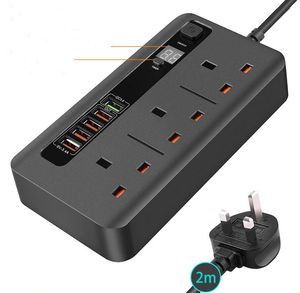 Chargeurs 2500W Prise de minuterie de bureau 3 Prise de courant alternatif universelle 5 Prise électrique intelligente USB avec interrupteur Rallonge 2M