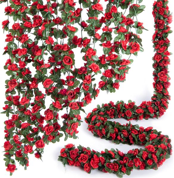 250 cm Flores de vid de rosas artificiales con hojas verdes Colgando Rosas falsas Vid para habitación Aniversario Boda Cumpleaños Decoración de arco de pared Flor roja de primavera al por mayor