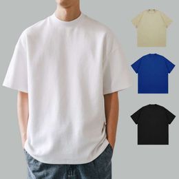 250G Double fil Xinjiang pur coton large lavé T-shirt à manches courtes pour hommes japonais avec petit col rond, tenue de couple tendance d'été