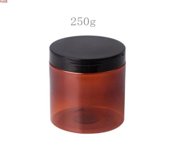 250g x 24 piezas Jar de mascotas ámbar vacías con tornillo negro Tabla de plástico marrón Tapa Cuidador de cuidado de la piel Polvo de botella Qty4462090