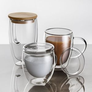 250ml / 350ml / 450ml Verres à vin de whisky à bière de bière Boire en verre Titulier Tasse tasse à café tasse de thé avec couvercle double mur mugs LJ200821