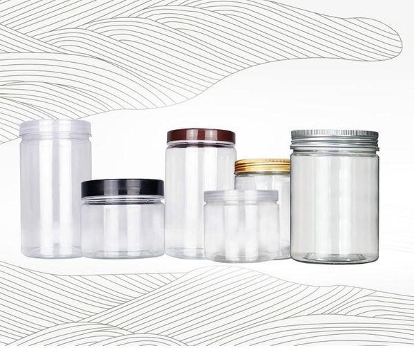 Petits pots transparents en plastique PET avec couvercle en aluminium, pot d'échantillon cosmétique vide Transparent avec couvercle, en stock 1284C de 250ml 350ml