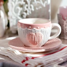 Ensemble de tasses à thé et soucoupes en céramique de 250ml, plat à café avec nœud papillon, tasse à tricoter en laine rose, lavable au micro-ondes, 240102