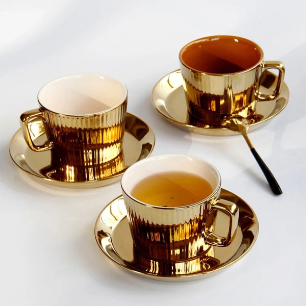 250 ml plaqué or soucoupe ensemble thé en céramique café style européen expresso bureau gobelet tasse pique-nique anniversaire mariage cadeau 240130