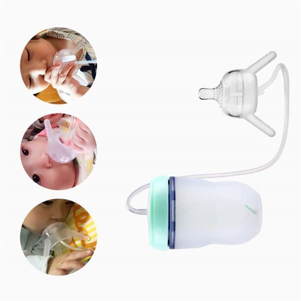 Botella de agua de silicona manos libres de 250 ml con pajita para bebés que alimentan a los niños Copa Sippy Training Cute Beber Chupetes Botella 211023