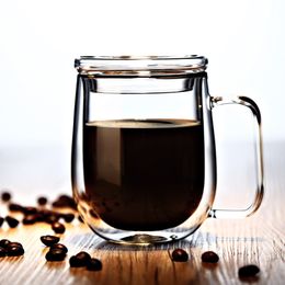 250ml Aislamiento de borosilicato alto Vidrio de doble acristalamiento Tazas de té resistentes al calor Taza de bebida de leche de café con tapa y cuchara 210409