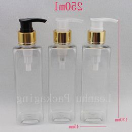 Botellas cosméticas de plástico para loción corporal cuadrada de 250 ml X 20 con bomba de jabón líquido dorado, envase de PET transparente para champú con dispensador Nphbs
