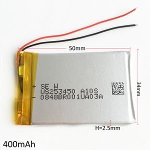 253450 3.7V 400 MAH Lithium Polymeer Lipo Oplaadbare Batterijcellen Power voor MP3 MP4 Hoofdtelefoon DVD GPS Mobiele Telefoon Camera PSP-speelgoed