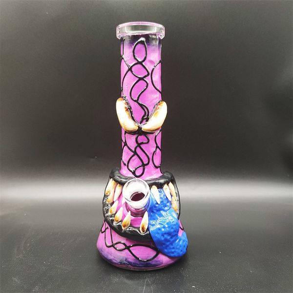 25CM 10 pouces Handy Bong Verre Bong Pipe À Eau 3D Monstres Violets 5MM Épaisseur Verre Bongs Épais Bécher Fumer Bubbler Dab Rig